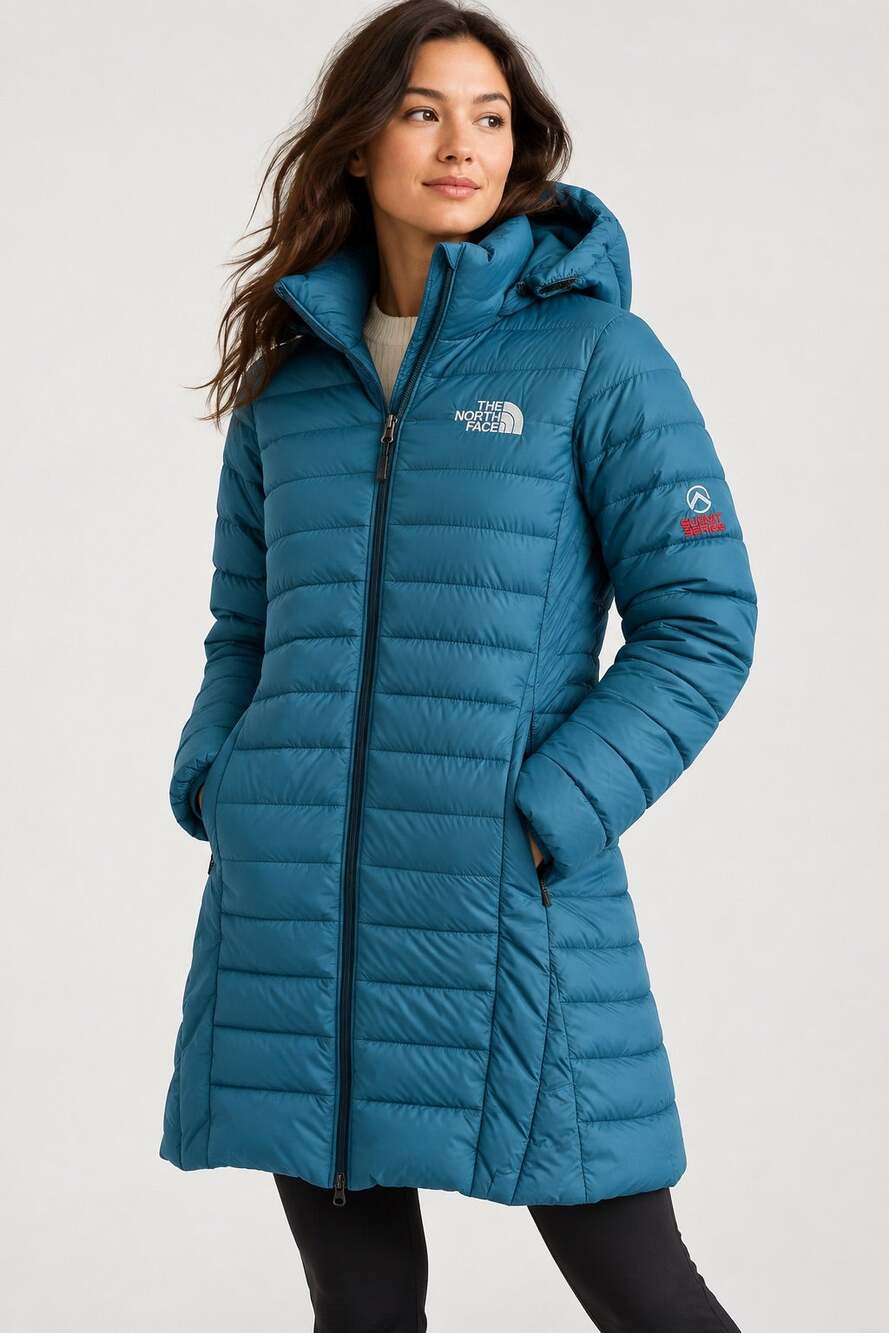 The North Face Summit Series Long Hooded Down Puffer Parka Coat Blue Large